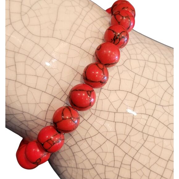 8mm Red Howlite Round Beads Beaded Stretch Bracelet, 7-7.5" - Picture 2 of 4